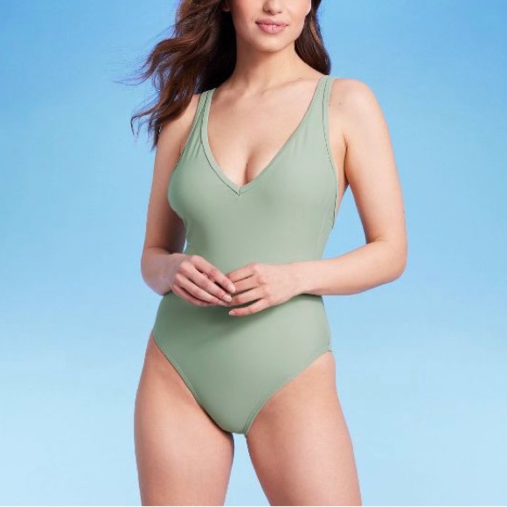 Kona Sol™ 
Women's V-Neck Over the Shoulder High Leg  1-Pc Swimsuit, Sage Green